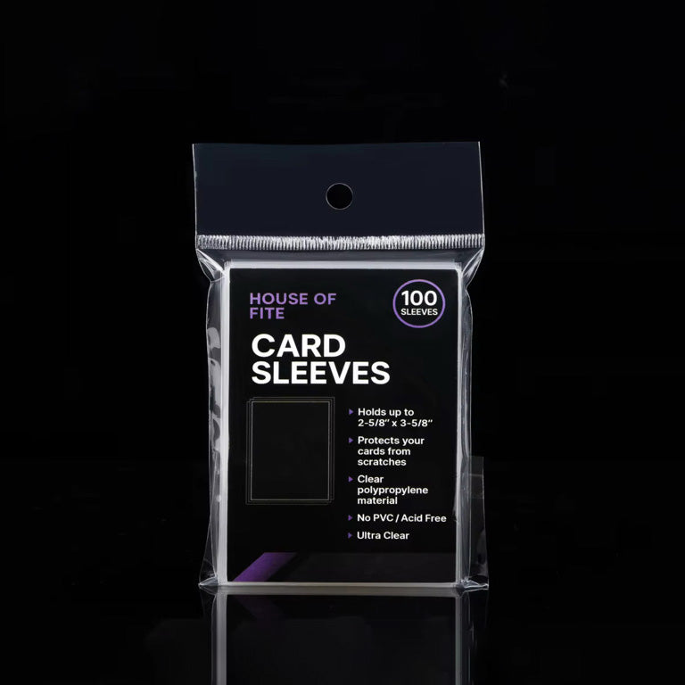 Pack of card sleeves with product details on a black background