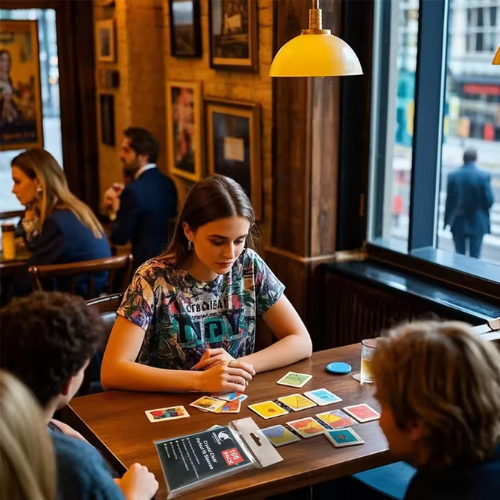 People playing a card game in a cozy pub setting.