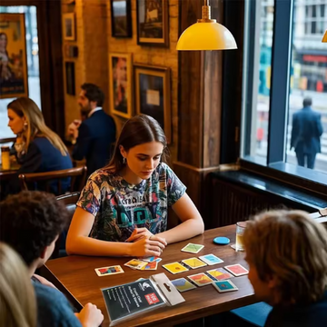 People playing a card game in a cozy pub setting.
