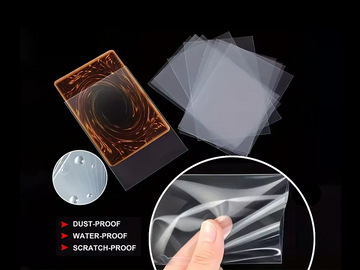 Clear protective film sheets with a textured card, showing features like dust-proof, water-proof, and scratch-proof on a black background.  Penny Sleeves