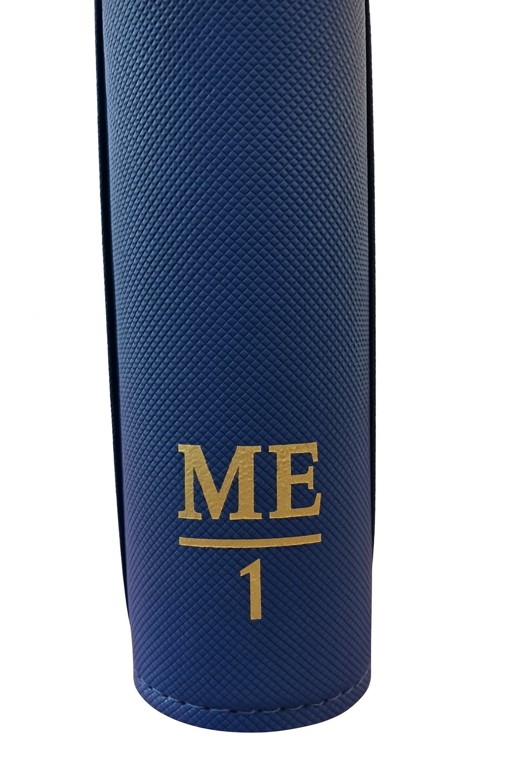 Blue cylindrical object with 'ME 1' text on a blue binder